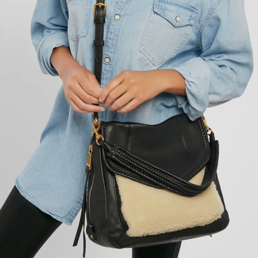 NWT All For Love Convertible Leather Shoulder Bag In Natural Shearling - Picture 3 of 15